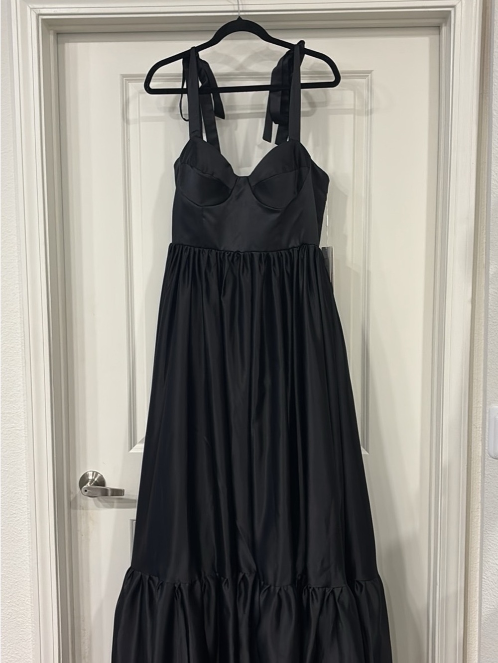 Tie-Shoulder Black Satin Prom Maxi Dress